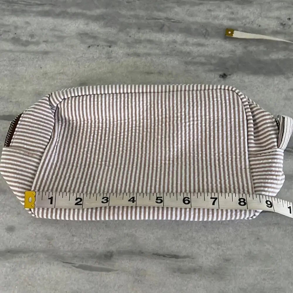 Tan & White Striped Seersucker Travel Cosmetic Bag Zipper Closure